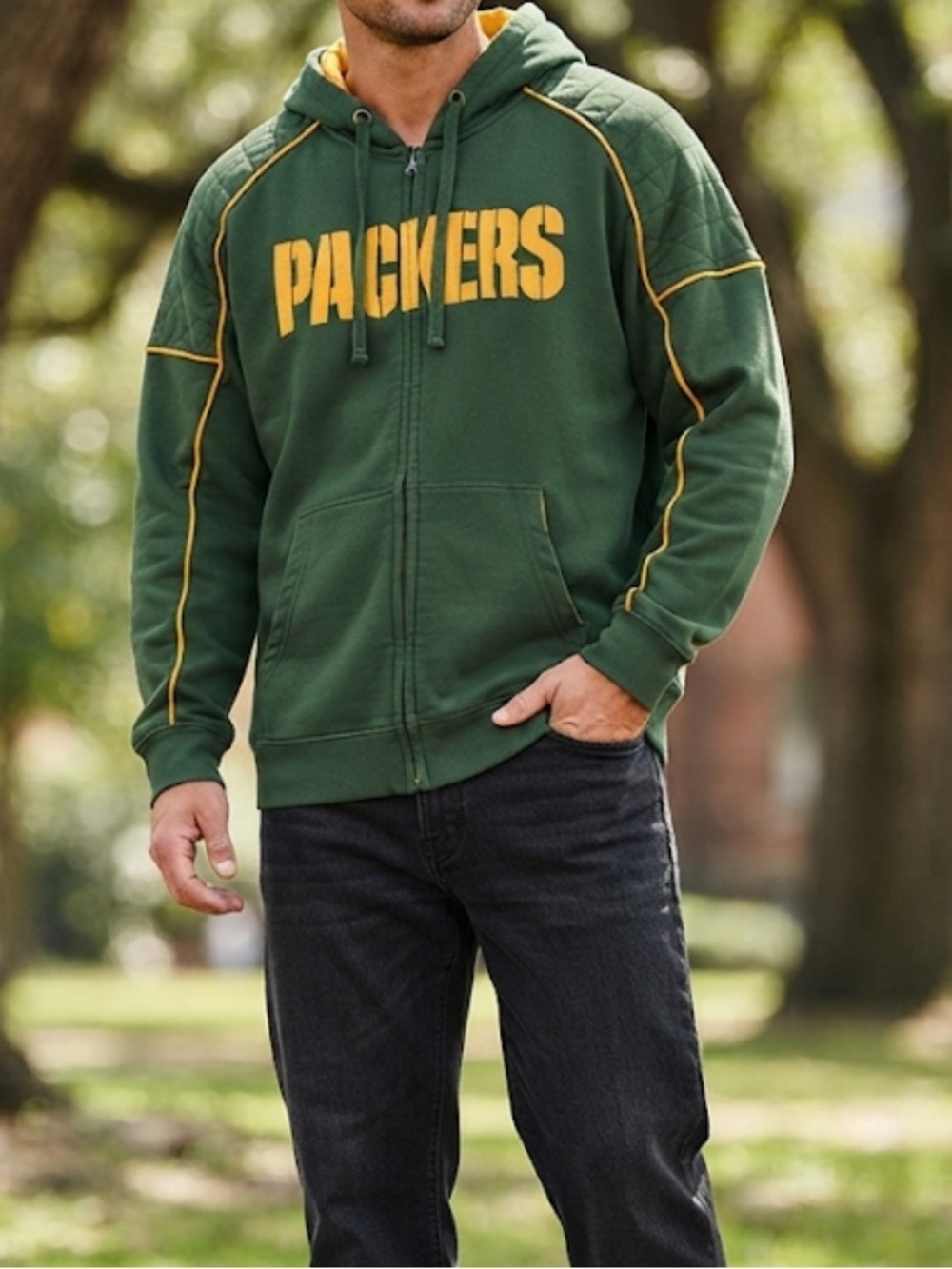NFL Green Bay Packers Full Zip Hoodie Quilted Detail Green Gold Size XL